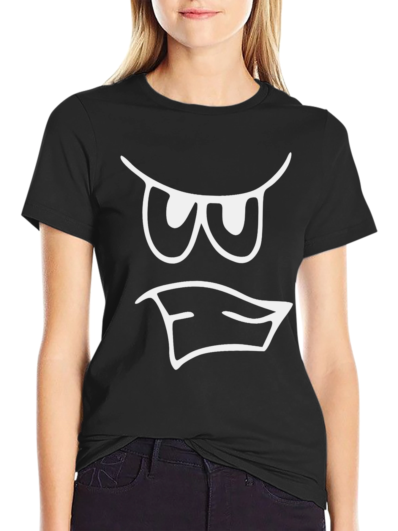 Mens Black T-Shirt with White Cartoon Face Graphic