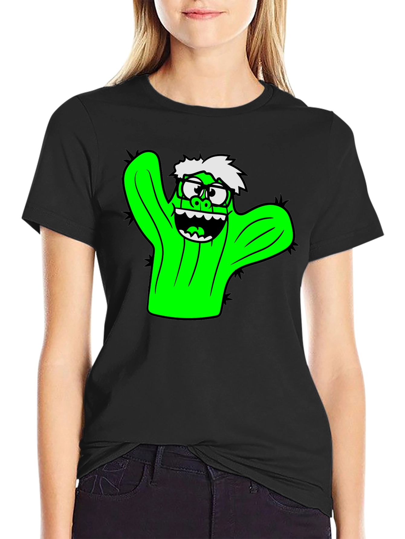 Cactus Character Graphic Black T-Shirt
