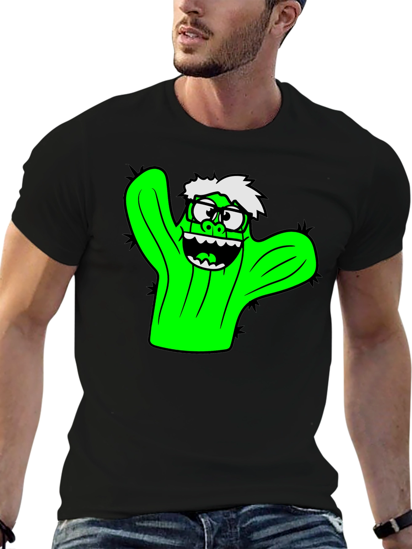 Cactus Character Graphic Black T-Shirt