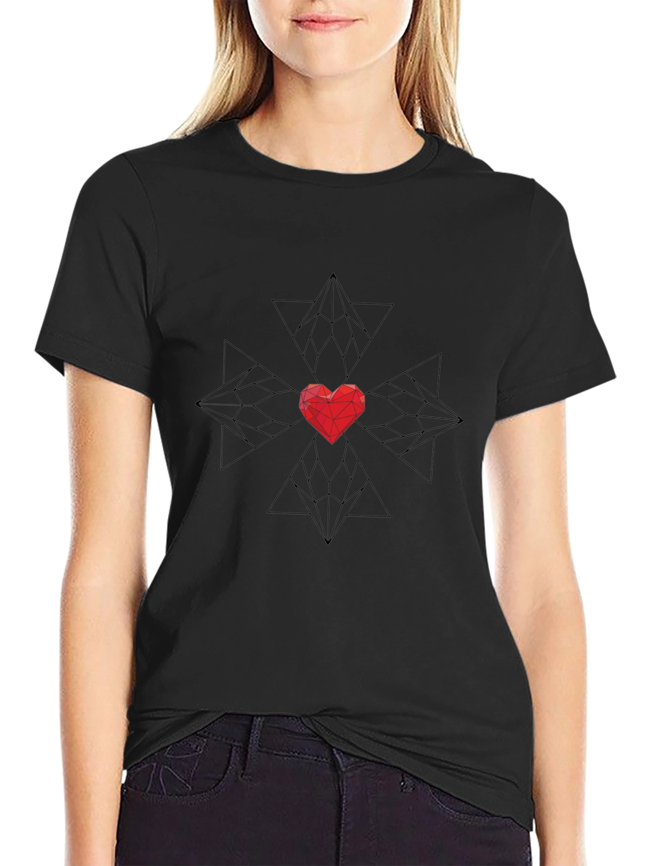 Geometric Heart Graphic Black T-Shirt