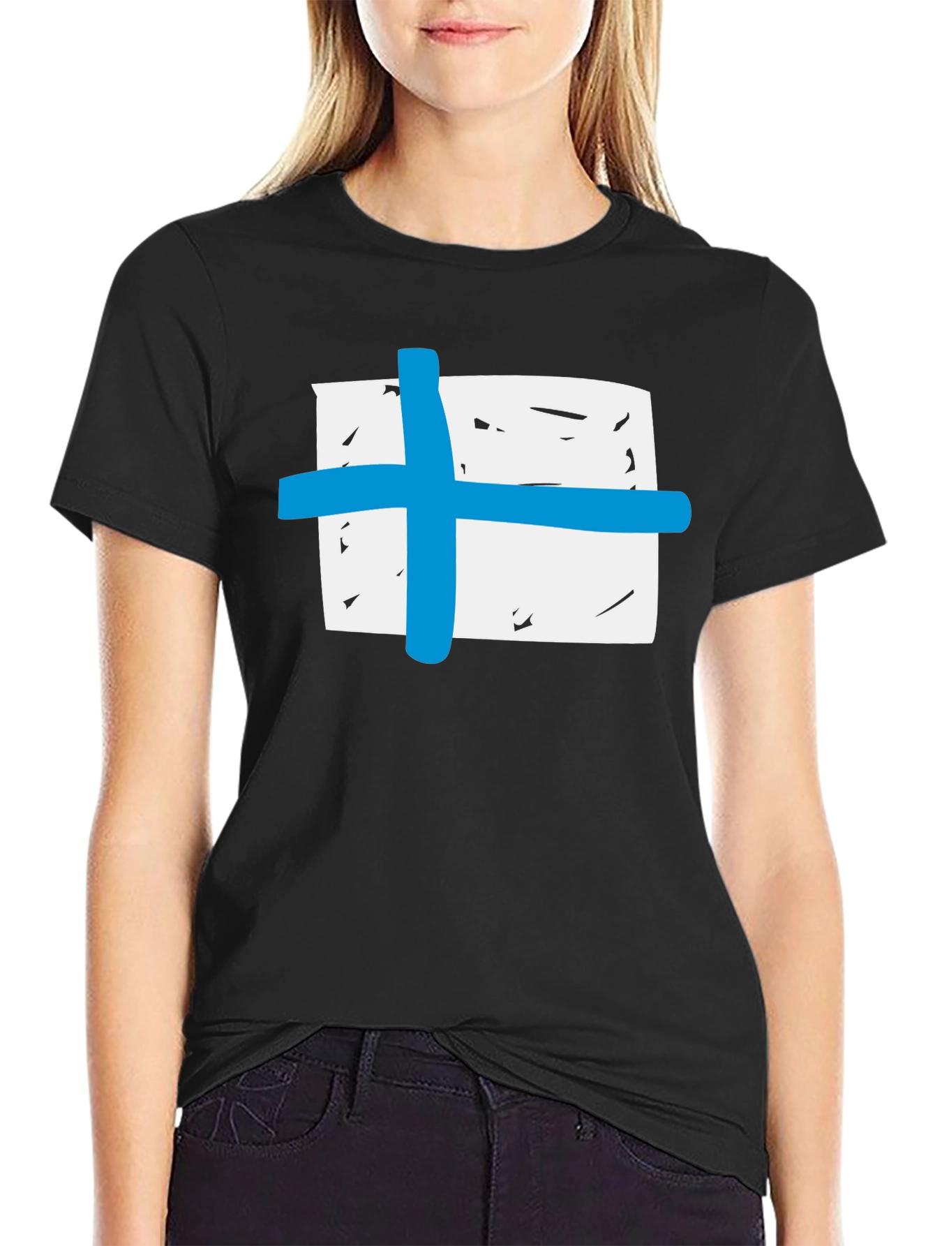 Black T-Shirt with Blue Cross Graphic