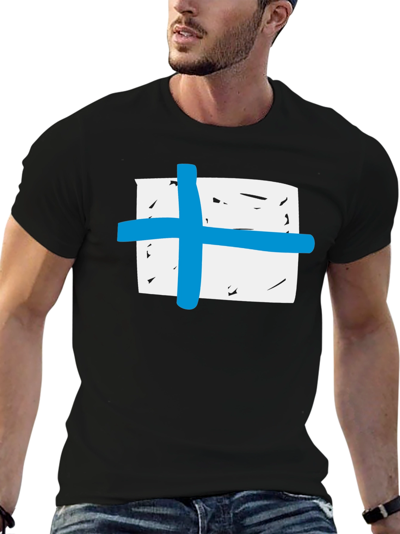Black T-Shirt with Blue Cross Graphic