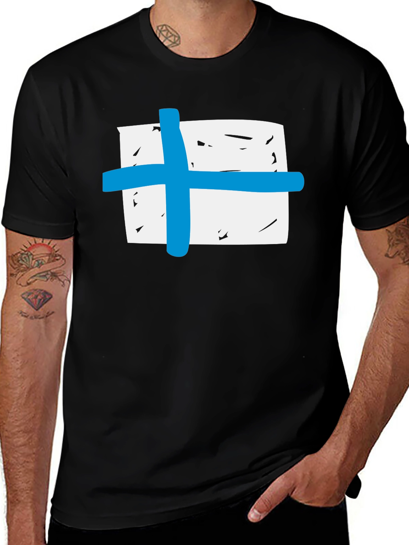 Black T-Shirt with Blue Cross Graphic