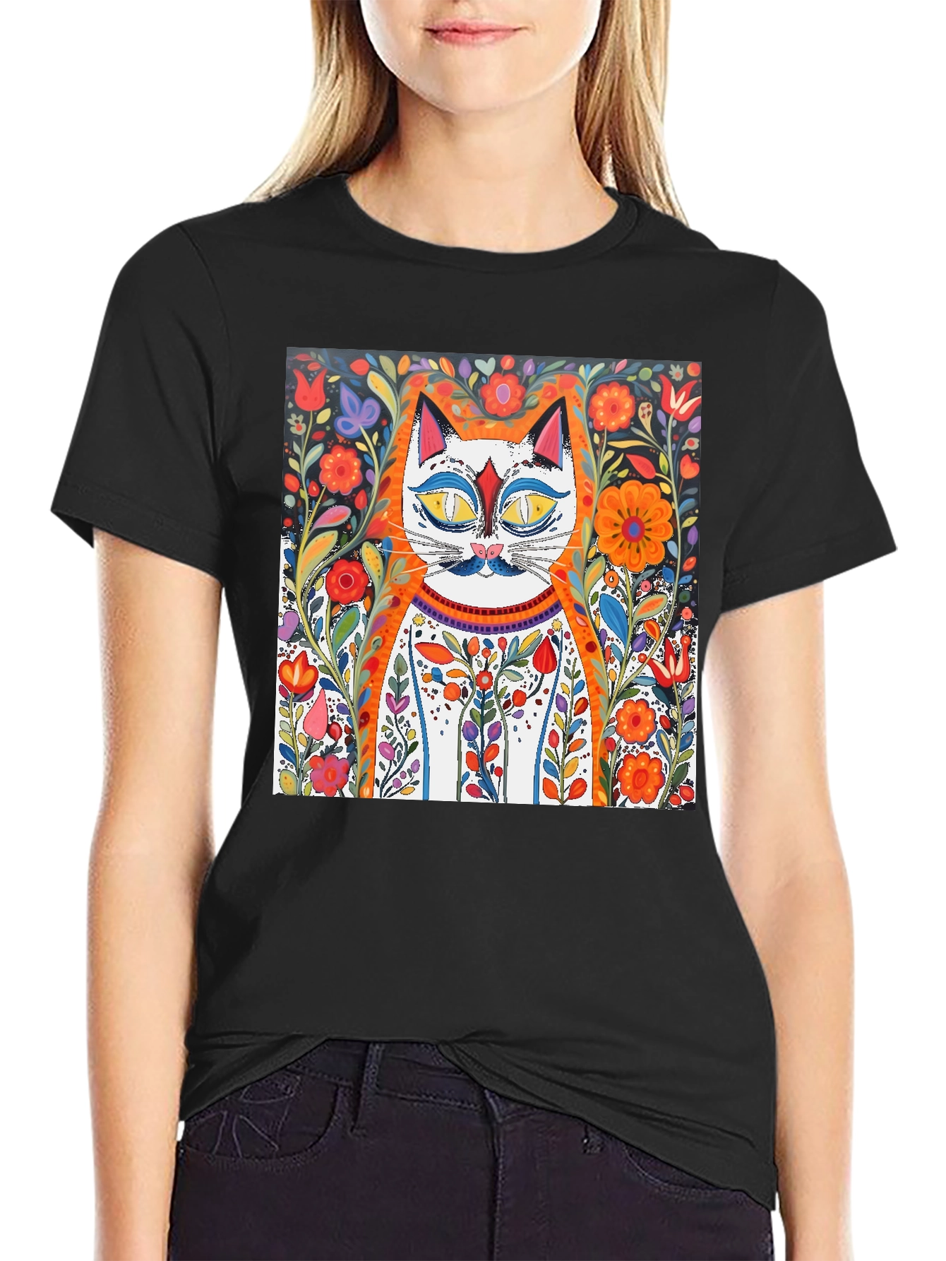 Floral Cat Art Graphic Tee - Whimsical Print