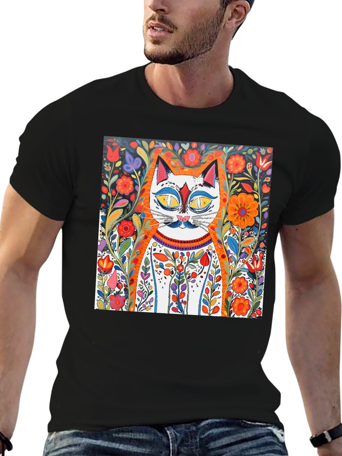Floral Cat Art Graphic Tee - Whimsical Print