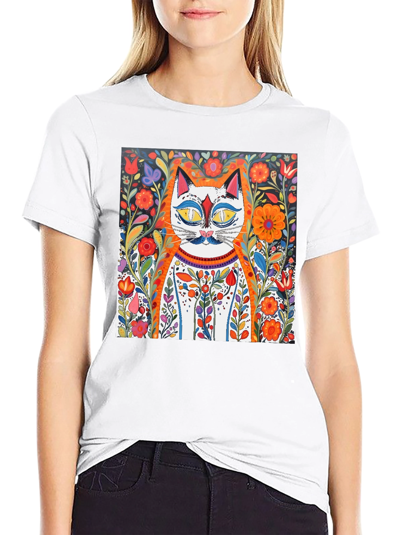Floral Cat Art Graphic Tee - Whimsical Print