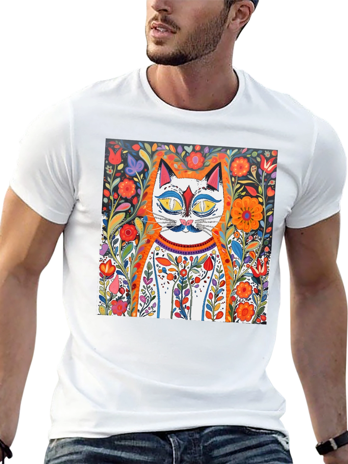 Floral Cat Art Graphic Tee - Whimsical Print