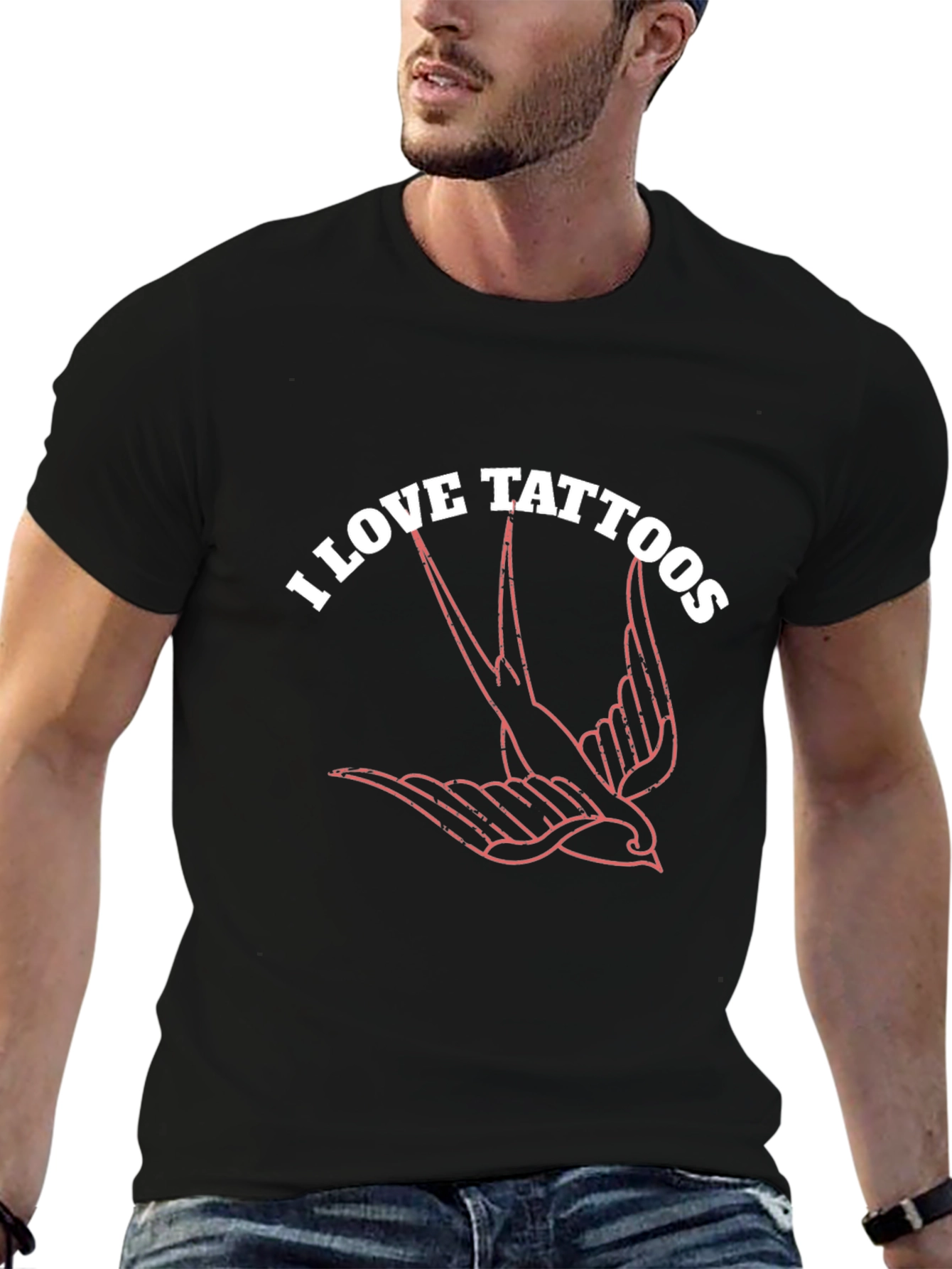 I Love Tattoos Bird Graphic Black T-Shirt