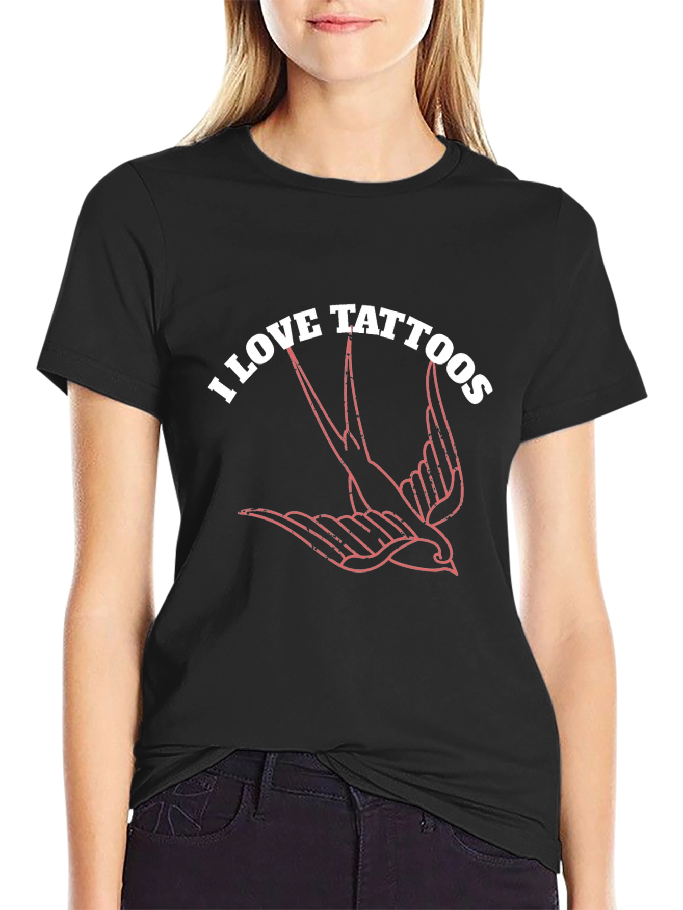 I Love Tattoos Bird Graphic Black T-Shirt