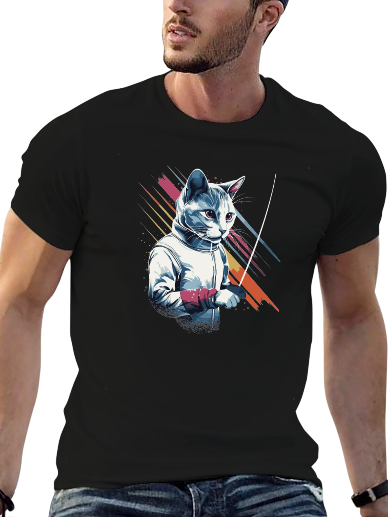 Fencing Cat Graphic T-Shirt