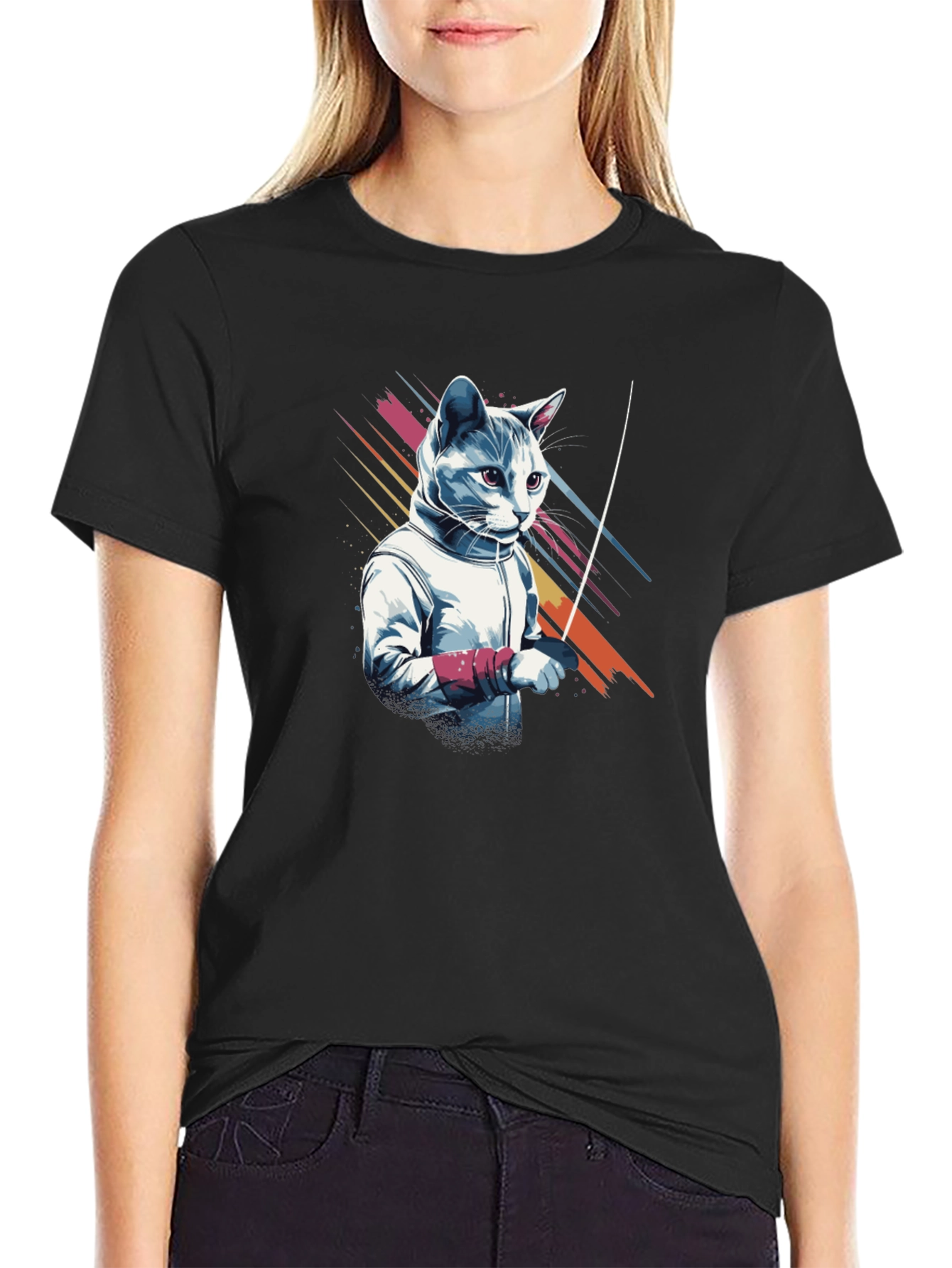 Fencing Cat Graphic T-Shirt