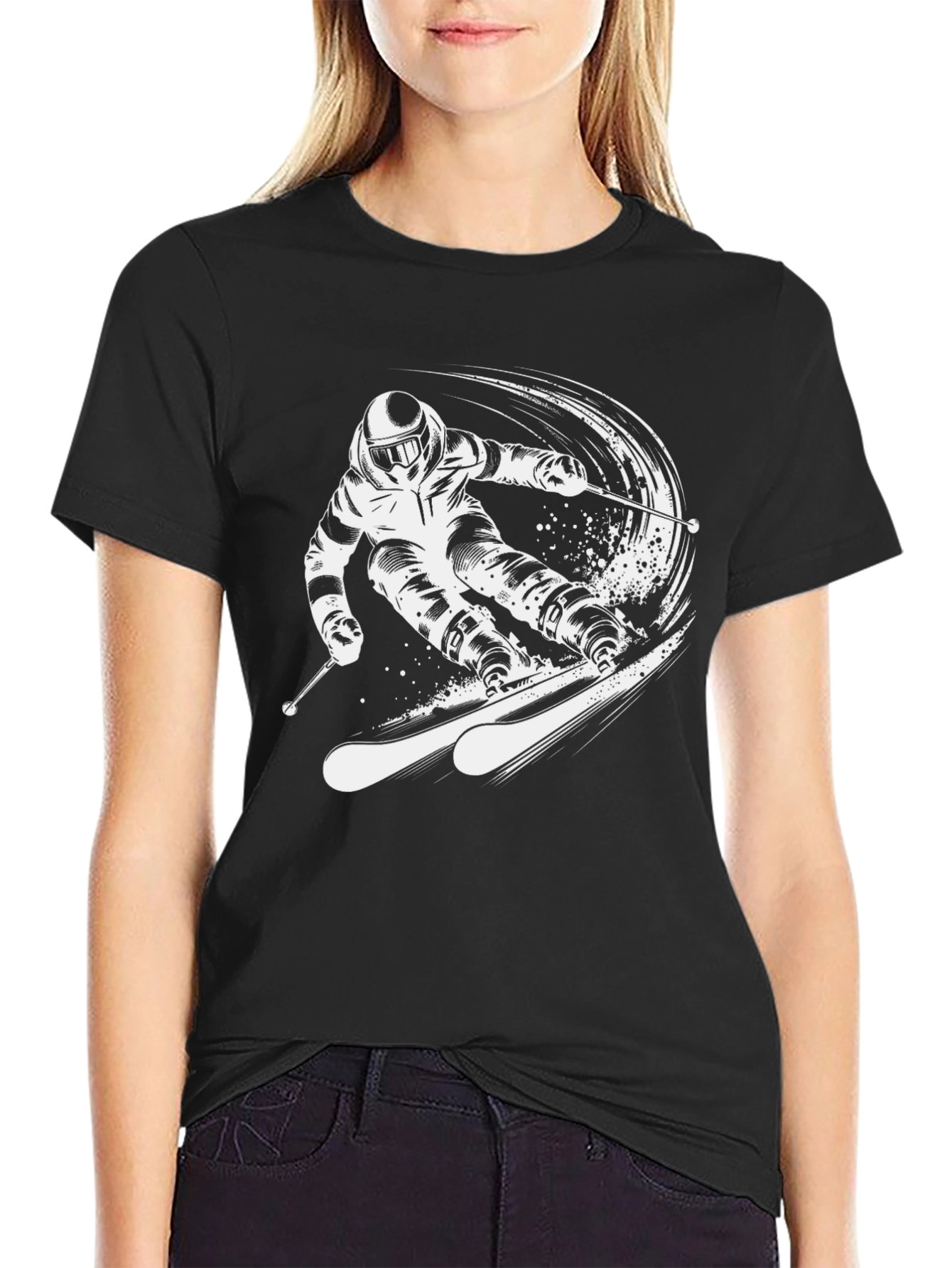 Skiing Graphic Tee - Black Cotton T-Shirt