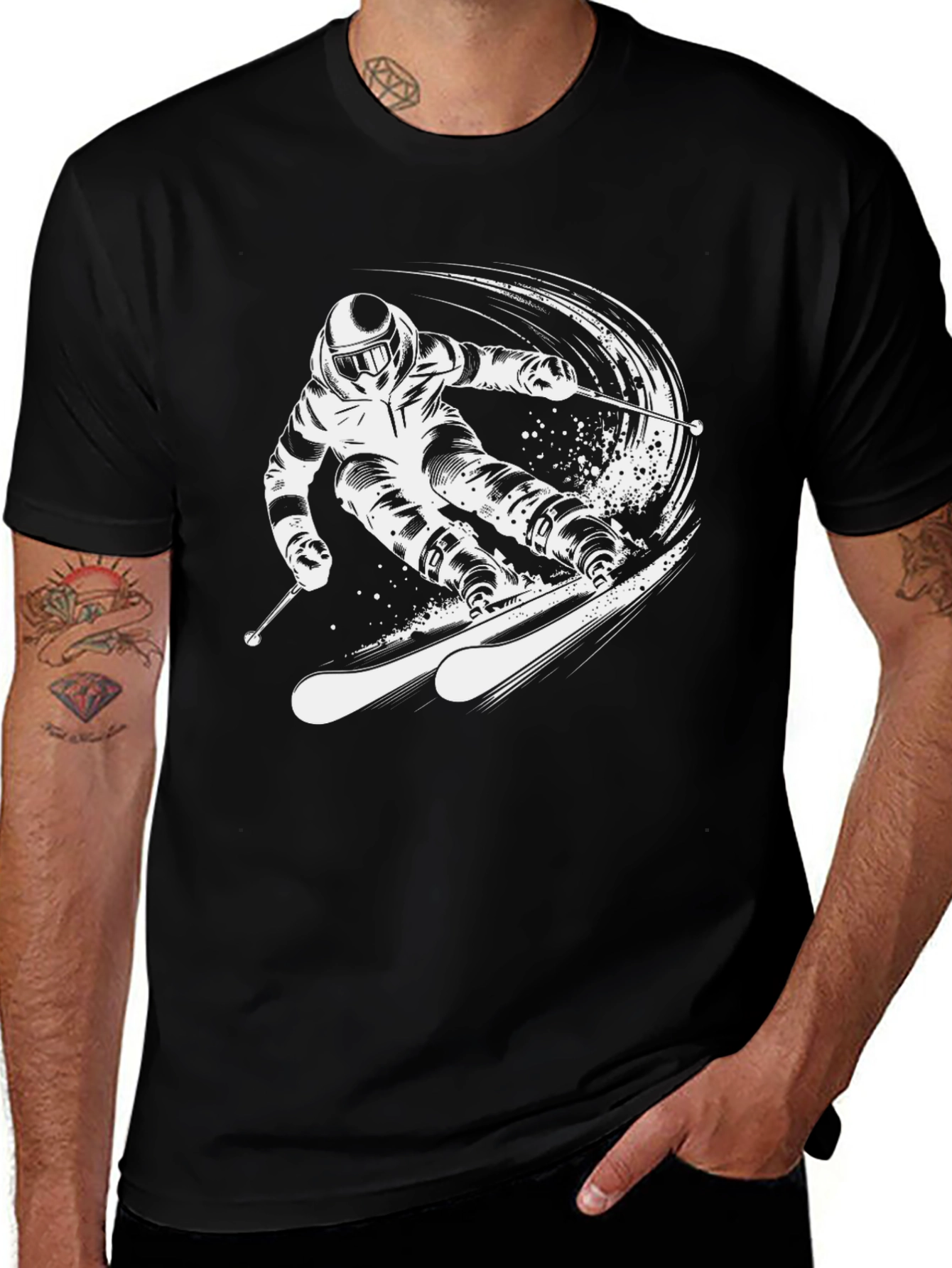 Skiing Graphic Tee - Black Cotton T-Shirt