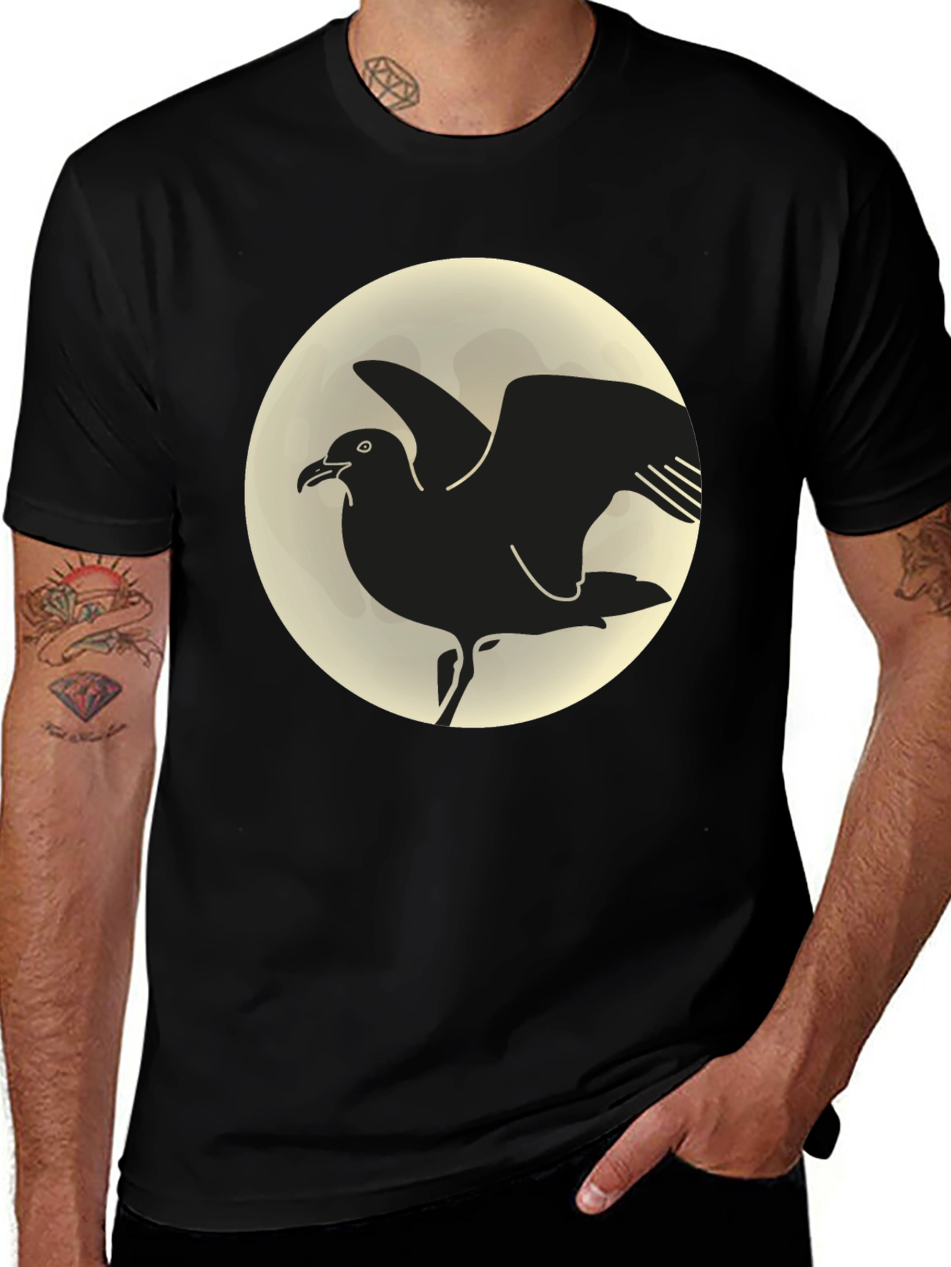 Seagull Moon Graphic Tee - Black Cotton T-Shirt