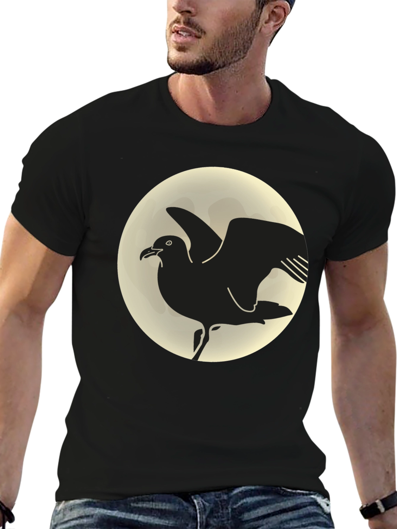 Seagull Moon Graphic Tee - Black Cotton T-Shirt