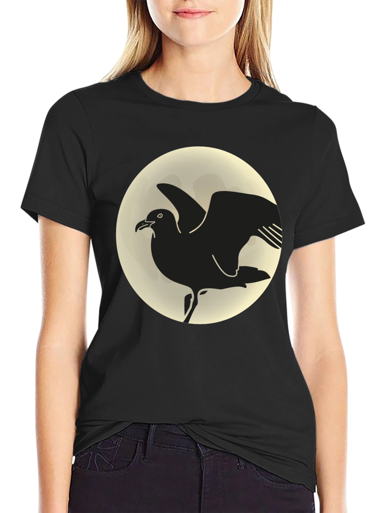 Seagull Moon Graphic Tee - Black Cotton T-Shirt