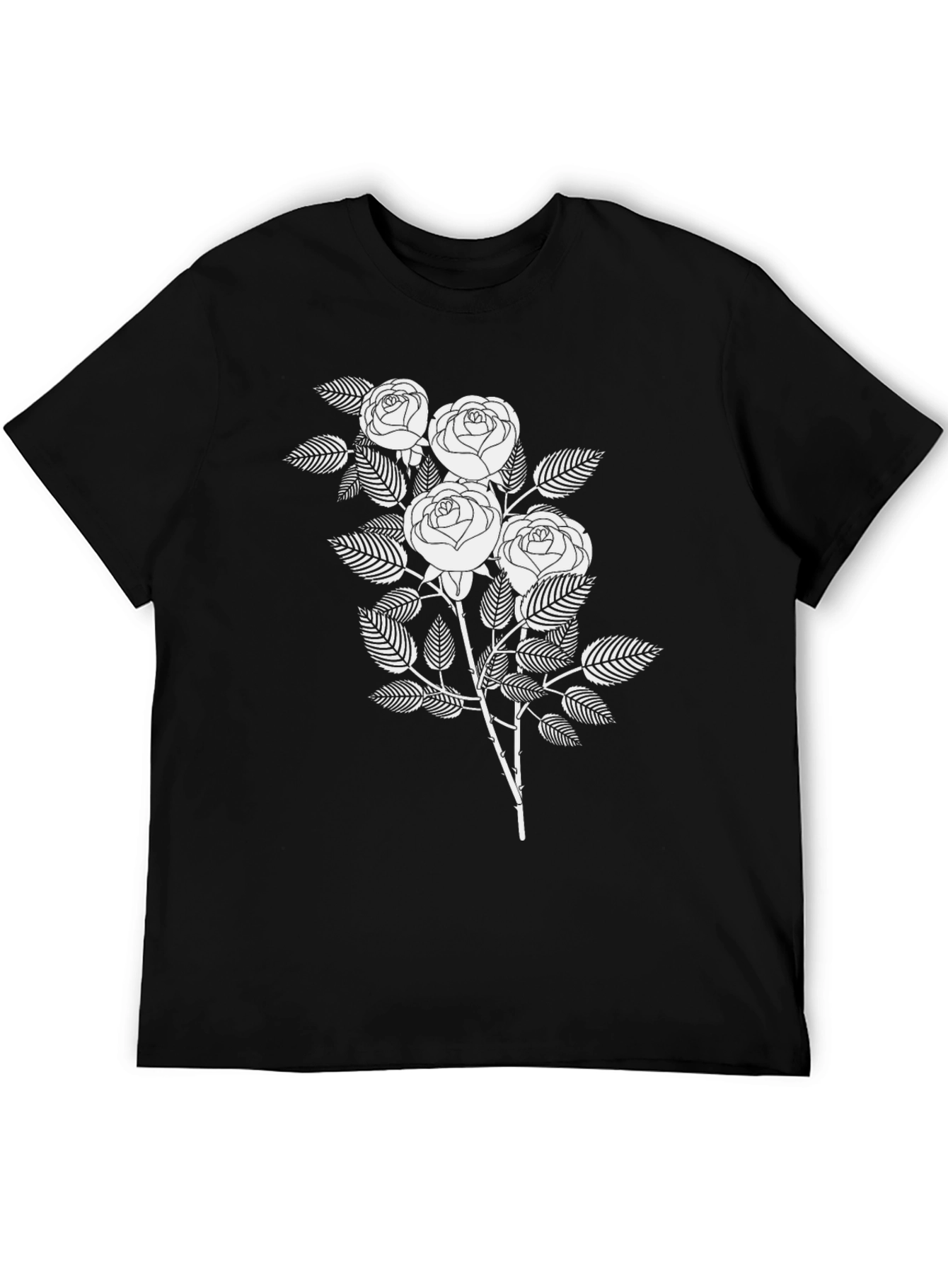 Black T-Shirt with White Rose Graphic