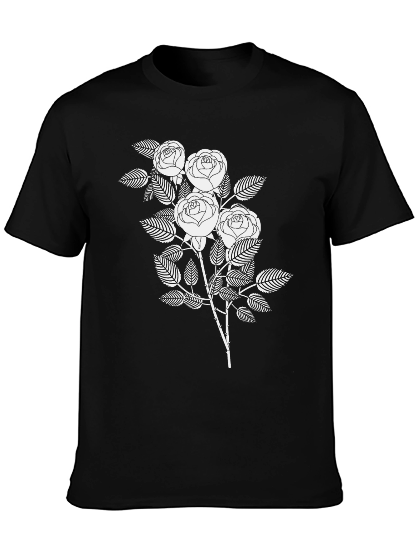 Black T-Shirt with White Rose Graphic