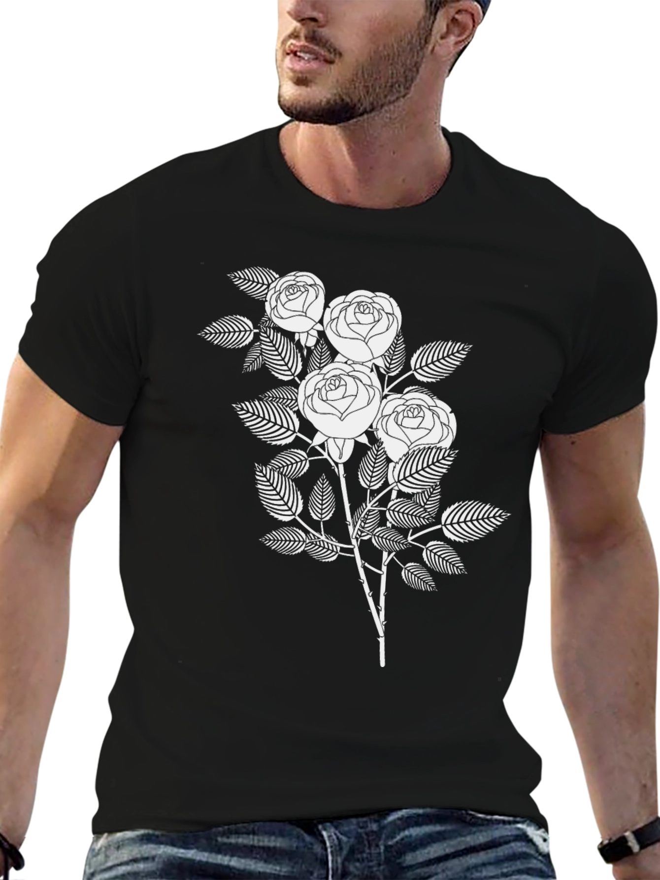 Black T-Shirt with White Rose Graphic
