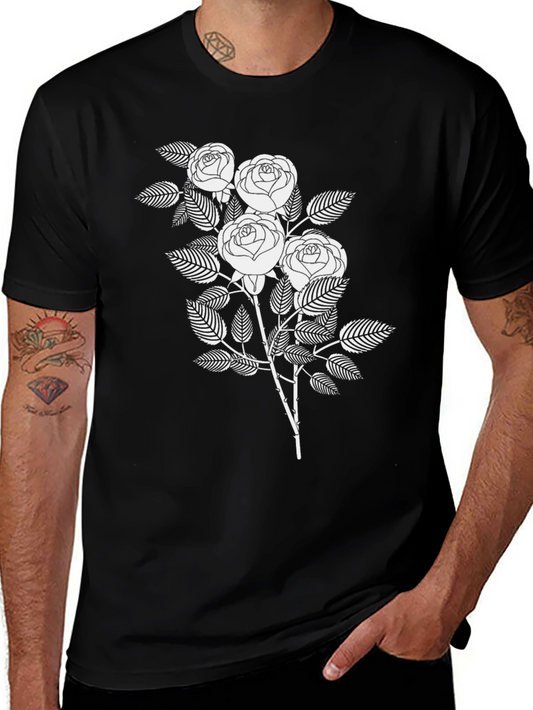 Black T-Shirt with White Rose Graphic