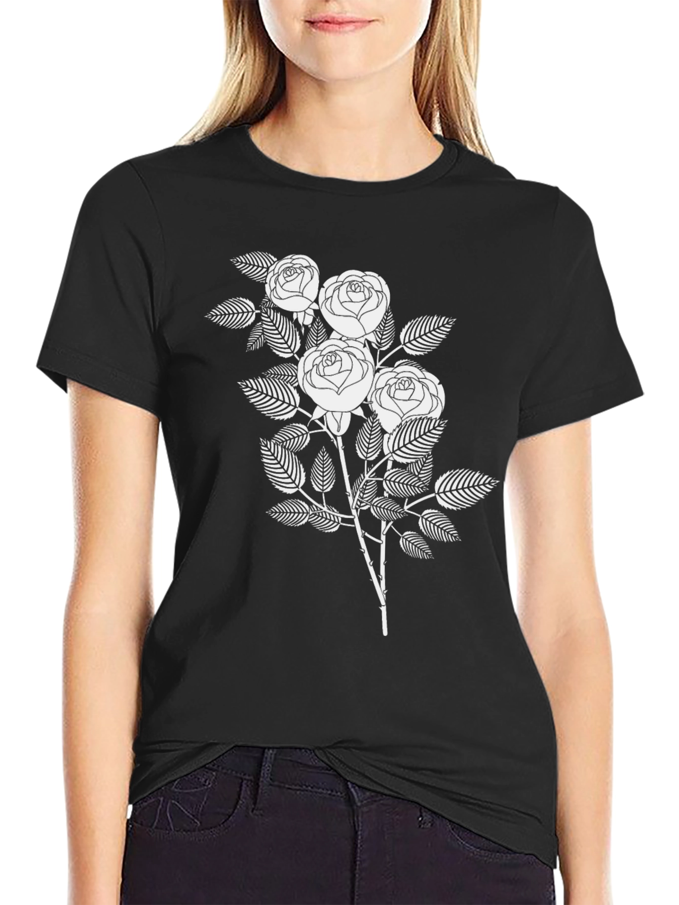 Black T-Shirt with White Rose Graphic