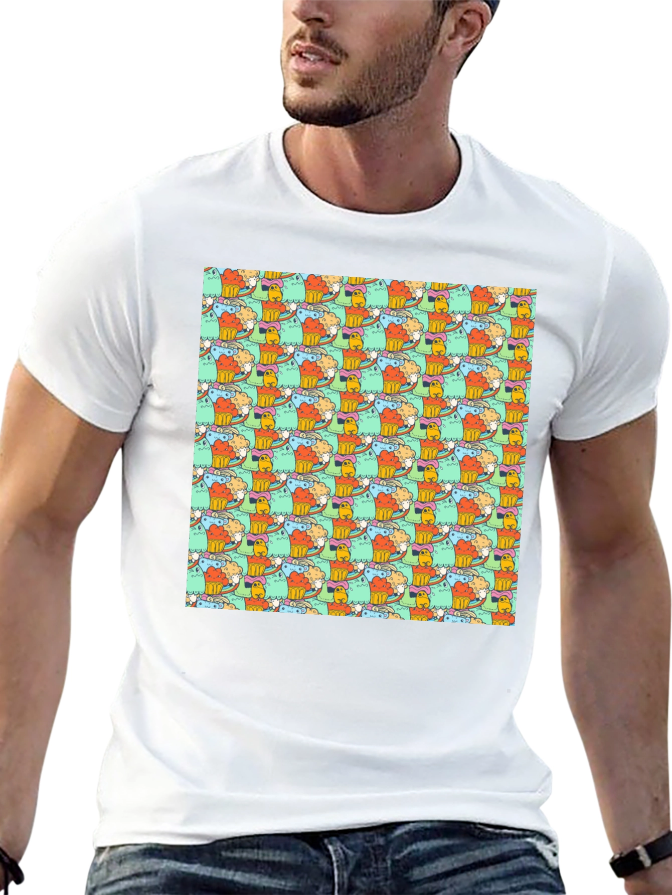 Fun Cartoon Character Pattern Black T-Shirt