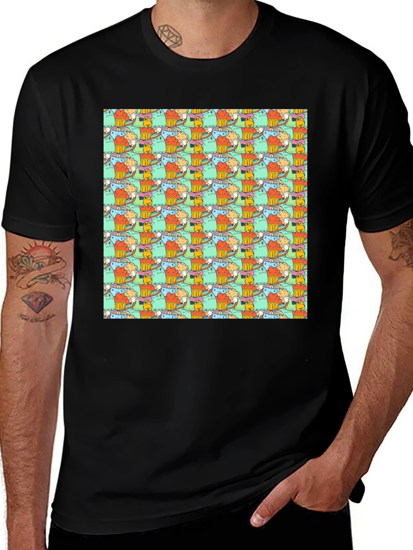 Fun Cartoon Character Pattern Black T-Shirt