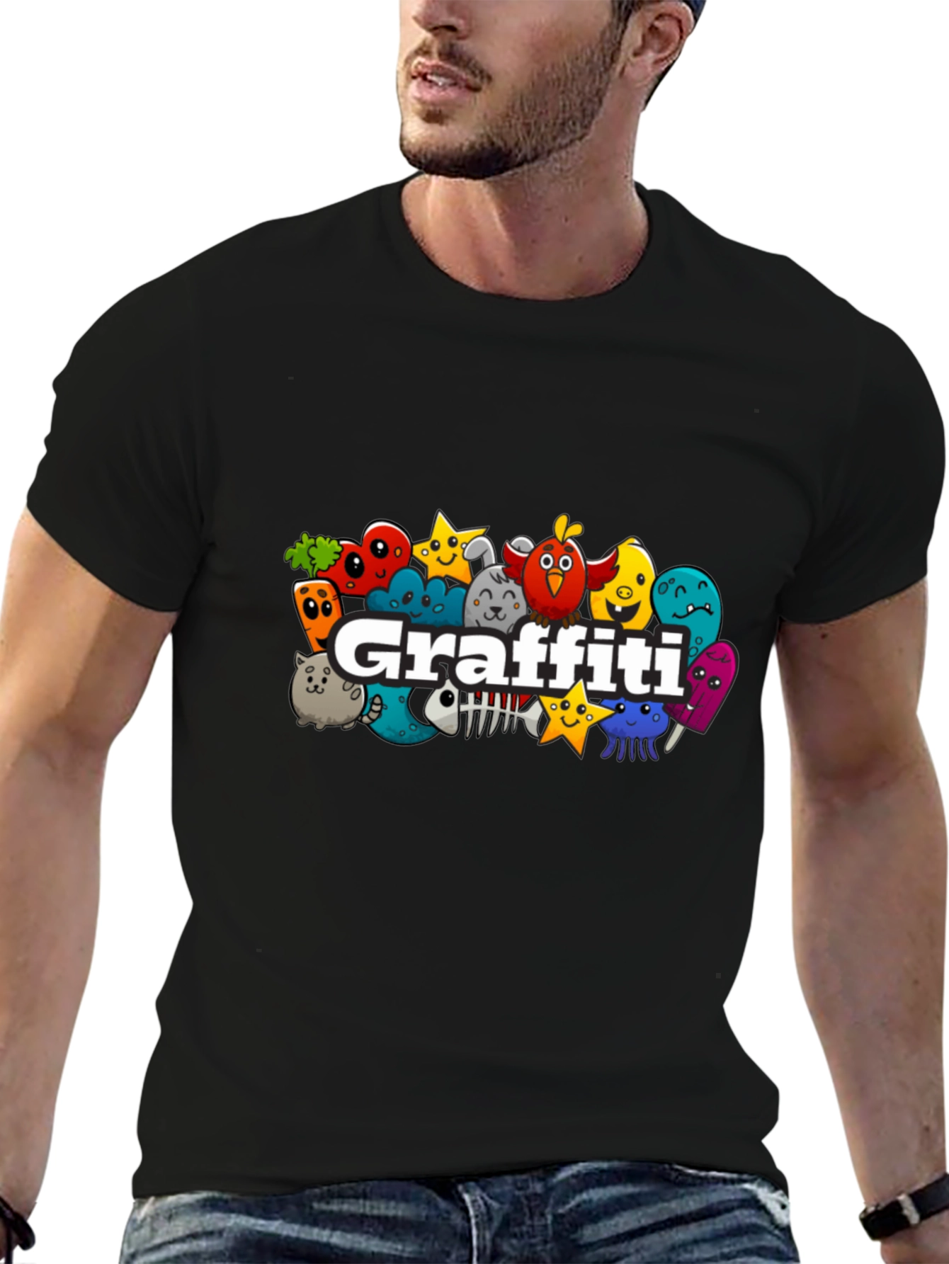 Graffiti Cartoon Creature Black T-Shirt