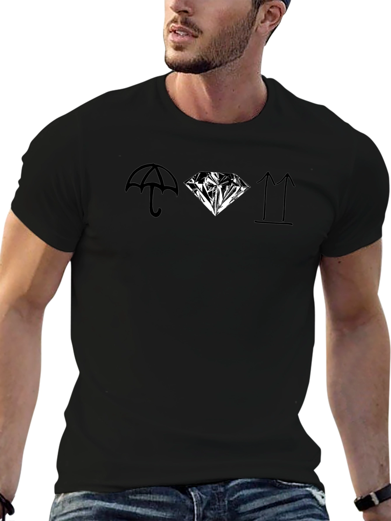 Graphic Print Black T-Shirt - Umbrella Diamond Arrows