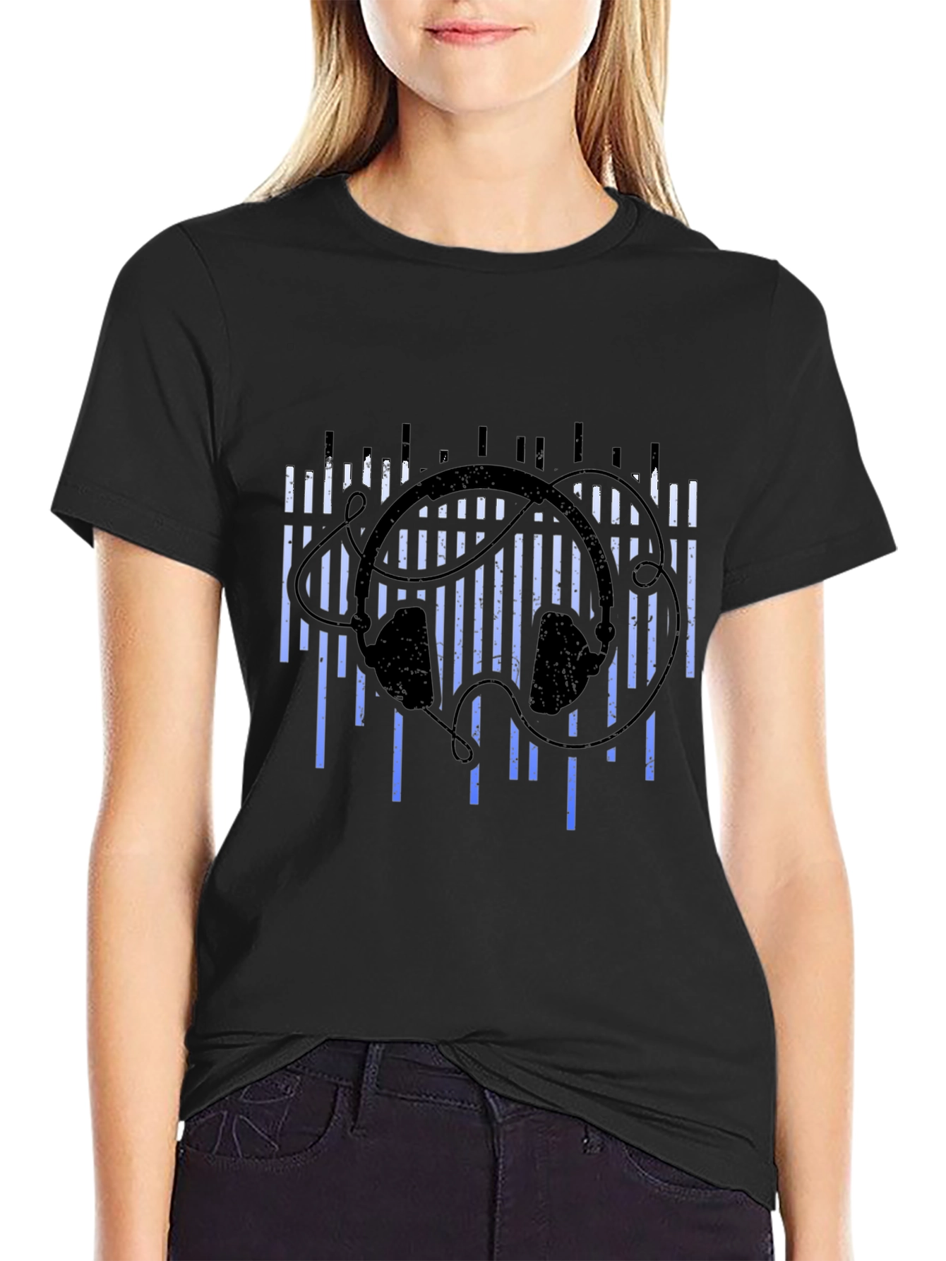 Stylish Black Headphones Music T-Shirt
