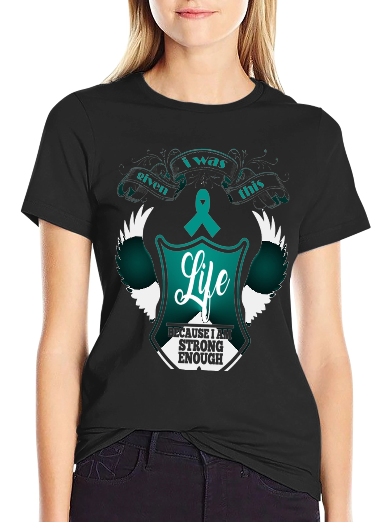 Strong Enough Life T-Shirt Teal Ribbon