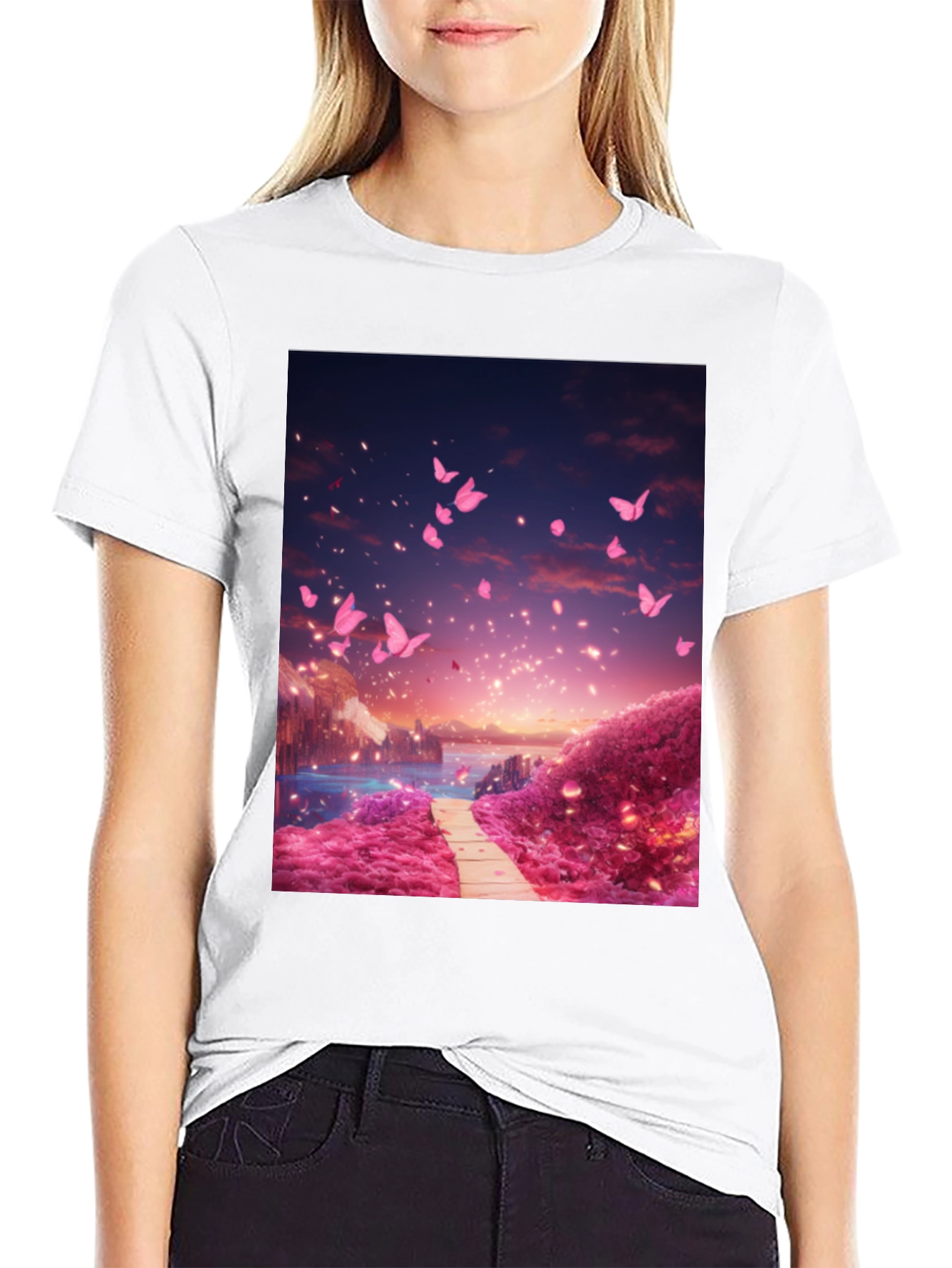 Pink Butterfly Scenery Graphic Tee