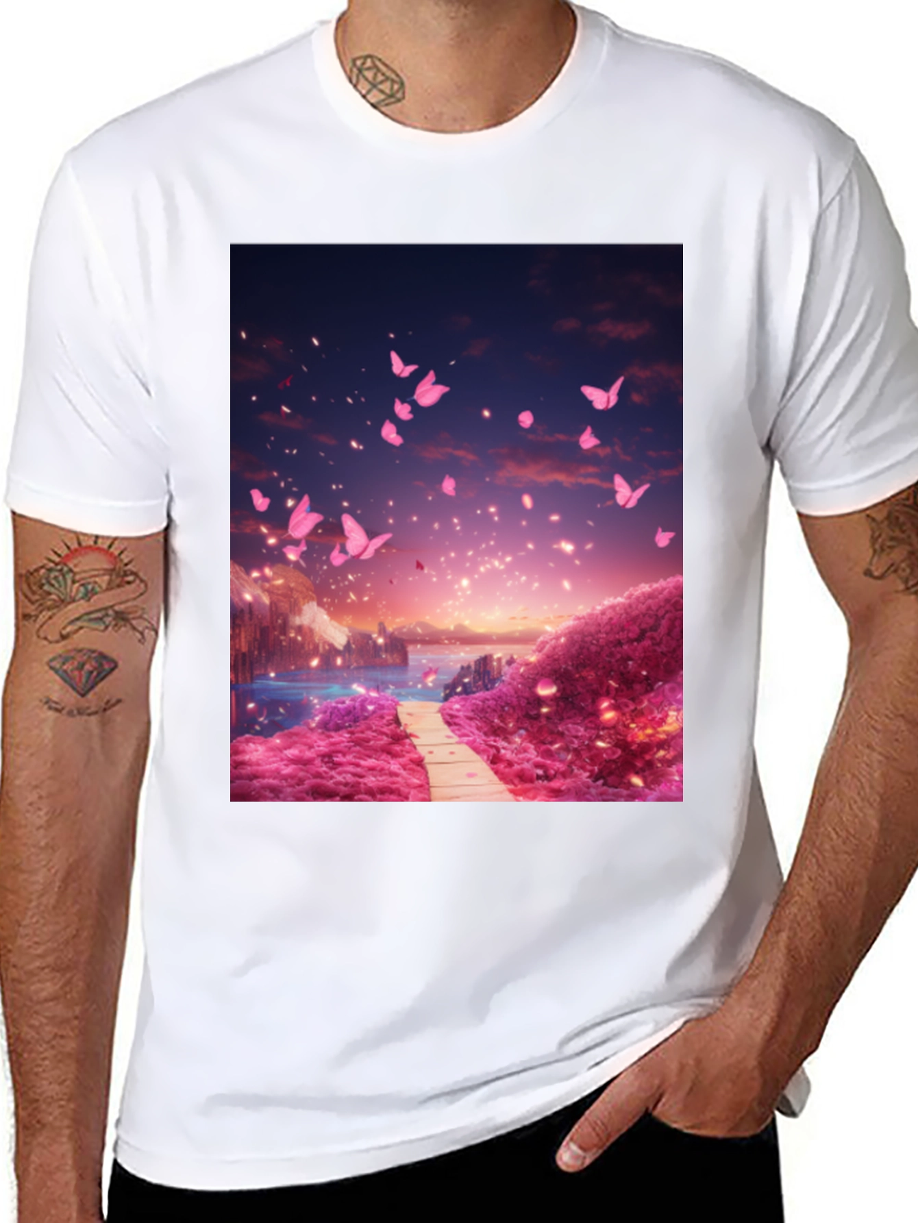 Pink Butterfly Scenery Graphic Tee