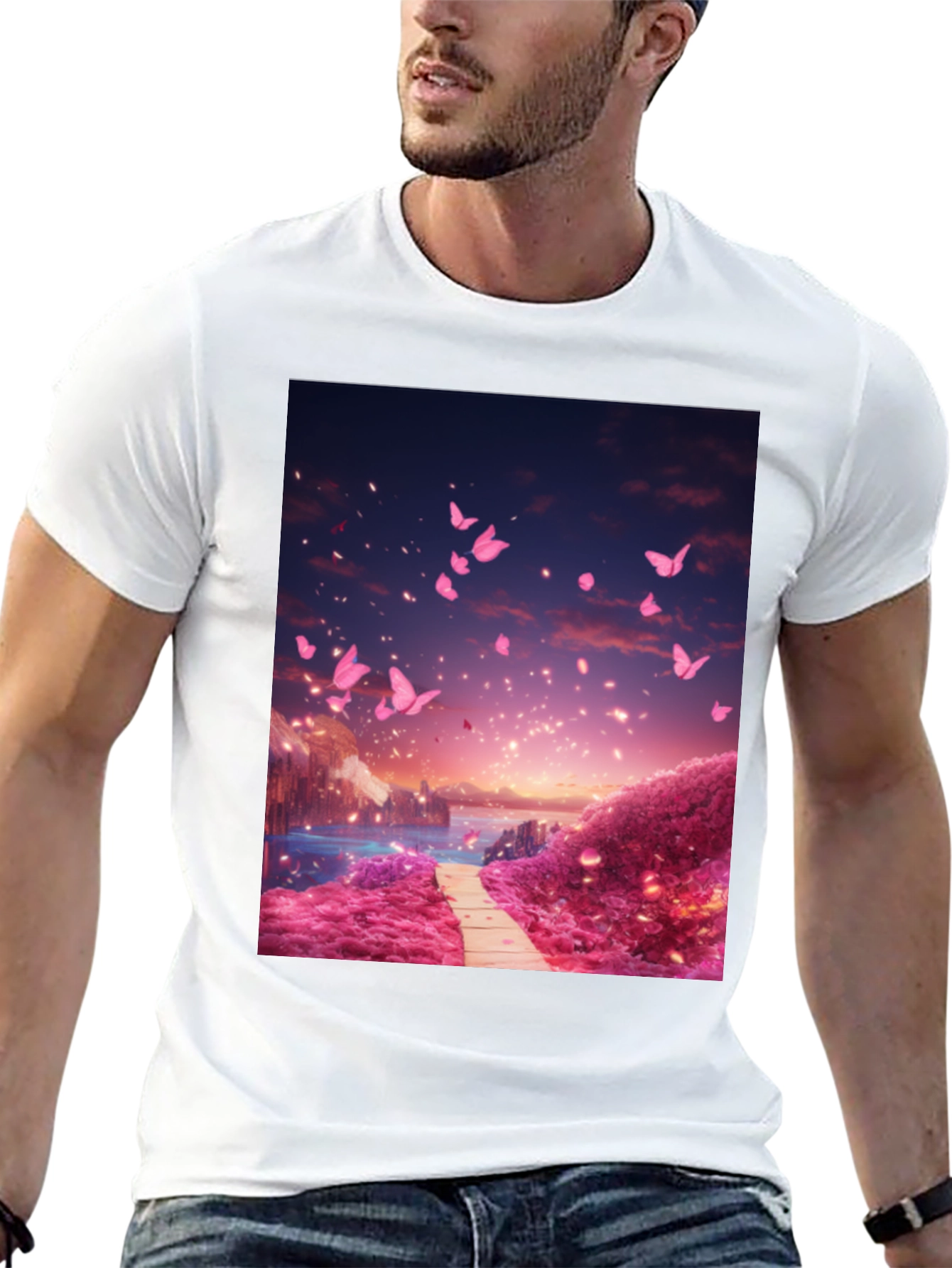 Pink Butterfly Scenery Graphic Tee