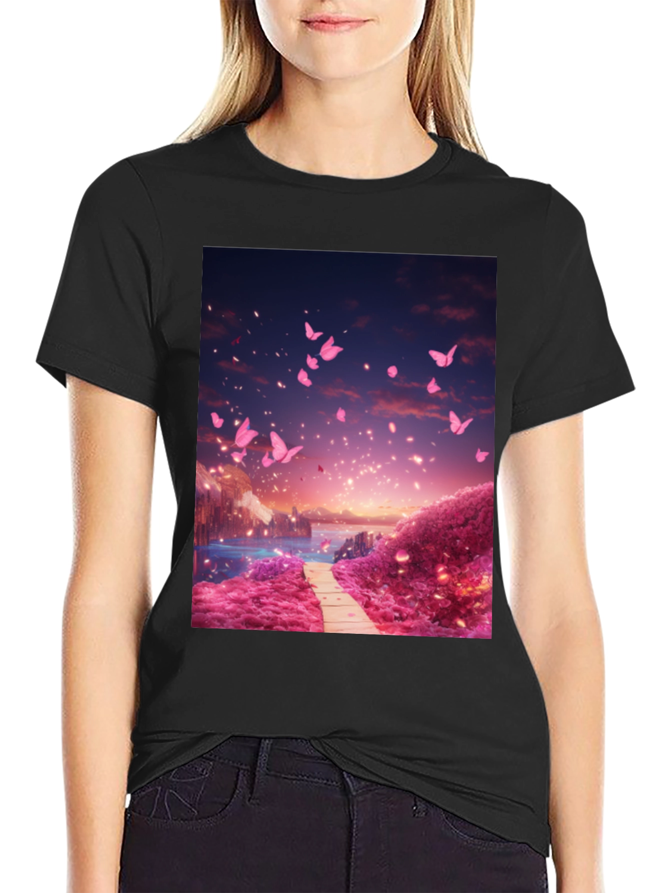 Pink Butterfly Scenery Graphic Tee