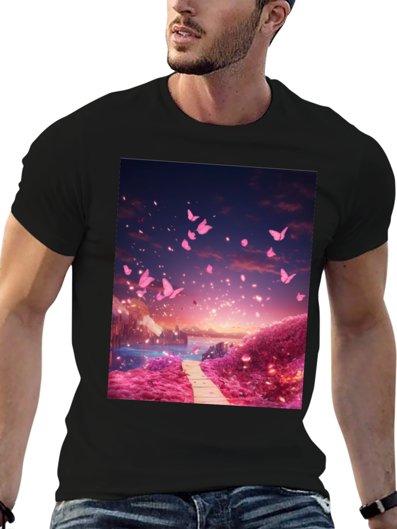 Pink Butterfly Scenery Graphic Tee
