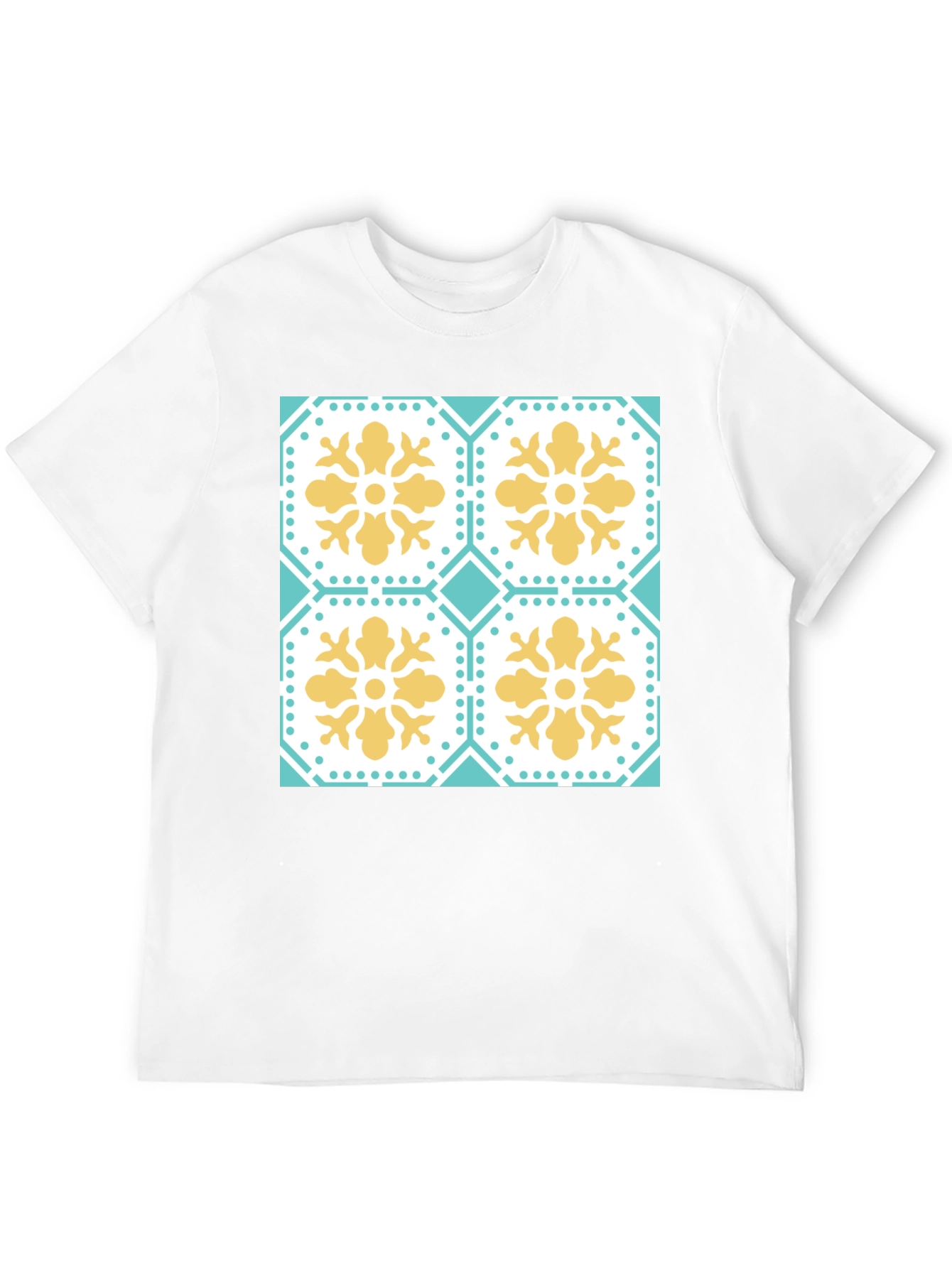 Floral Tile Pattern Tee - Black Crew Neck