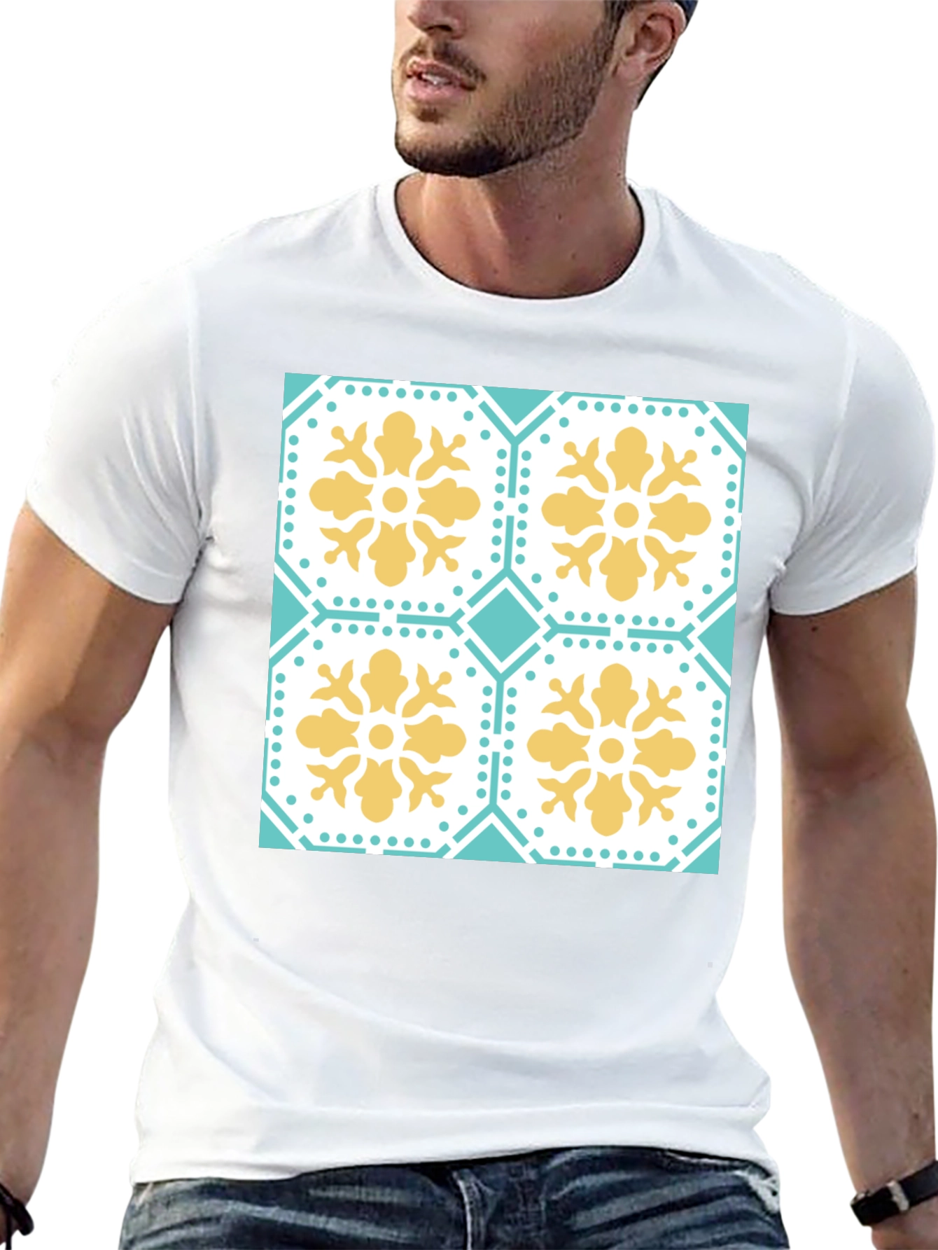 Floral Tile Pattern Tee - Black Crew Neck