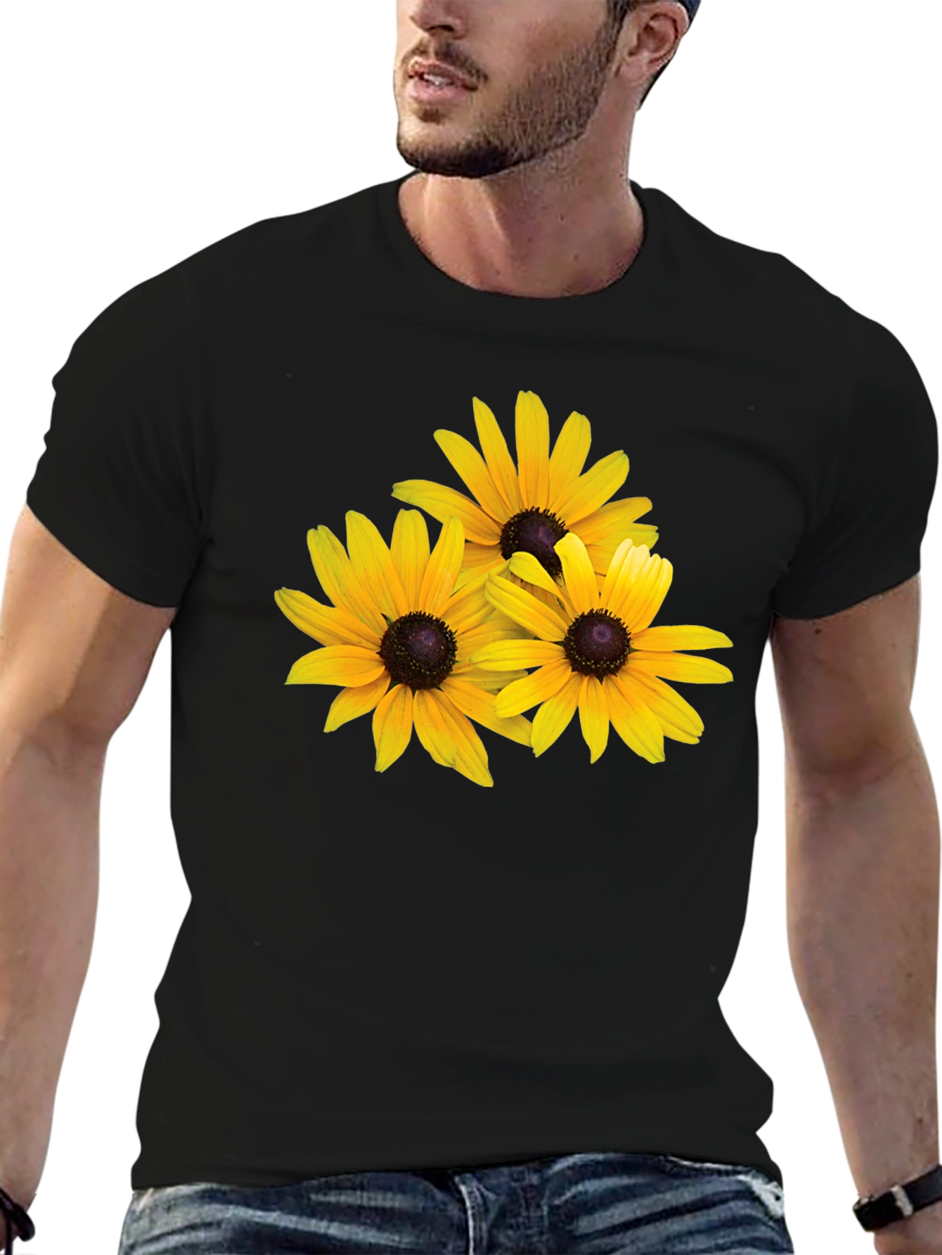 Black T-Shirt with Yellow Daisy Floral Design