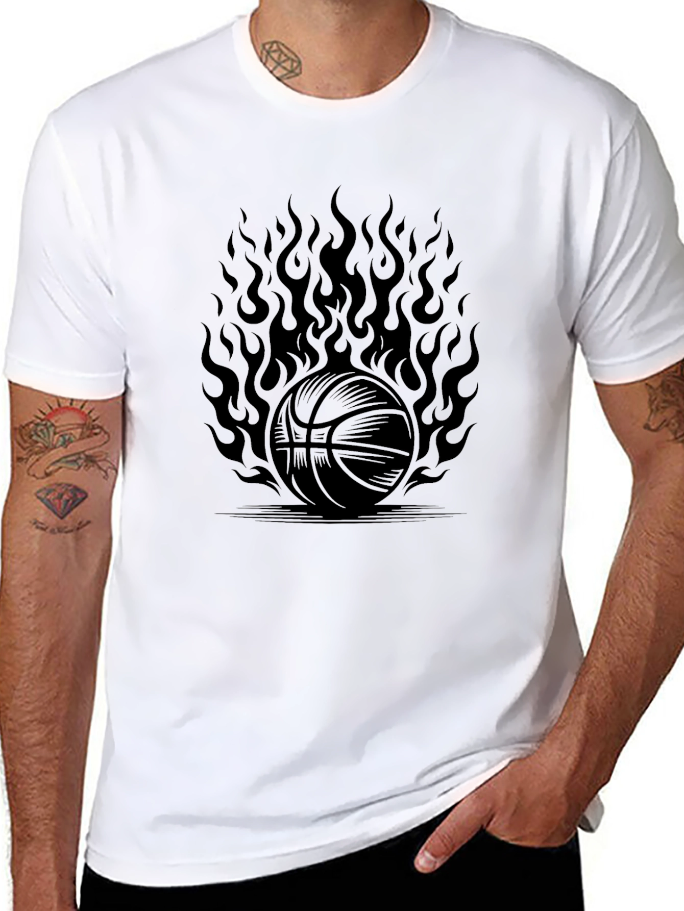 Flaming Basketball Graphic T-Shirt - Black