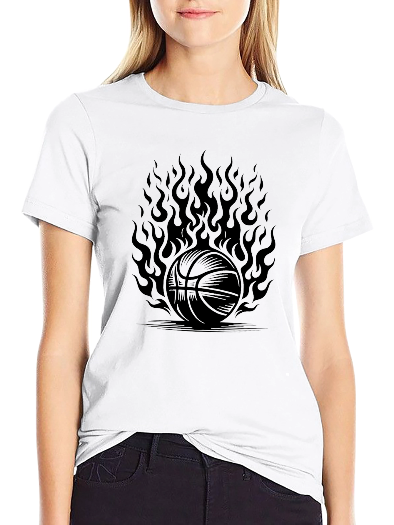 Flaming Basketball Graphic T-Shirt - Black