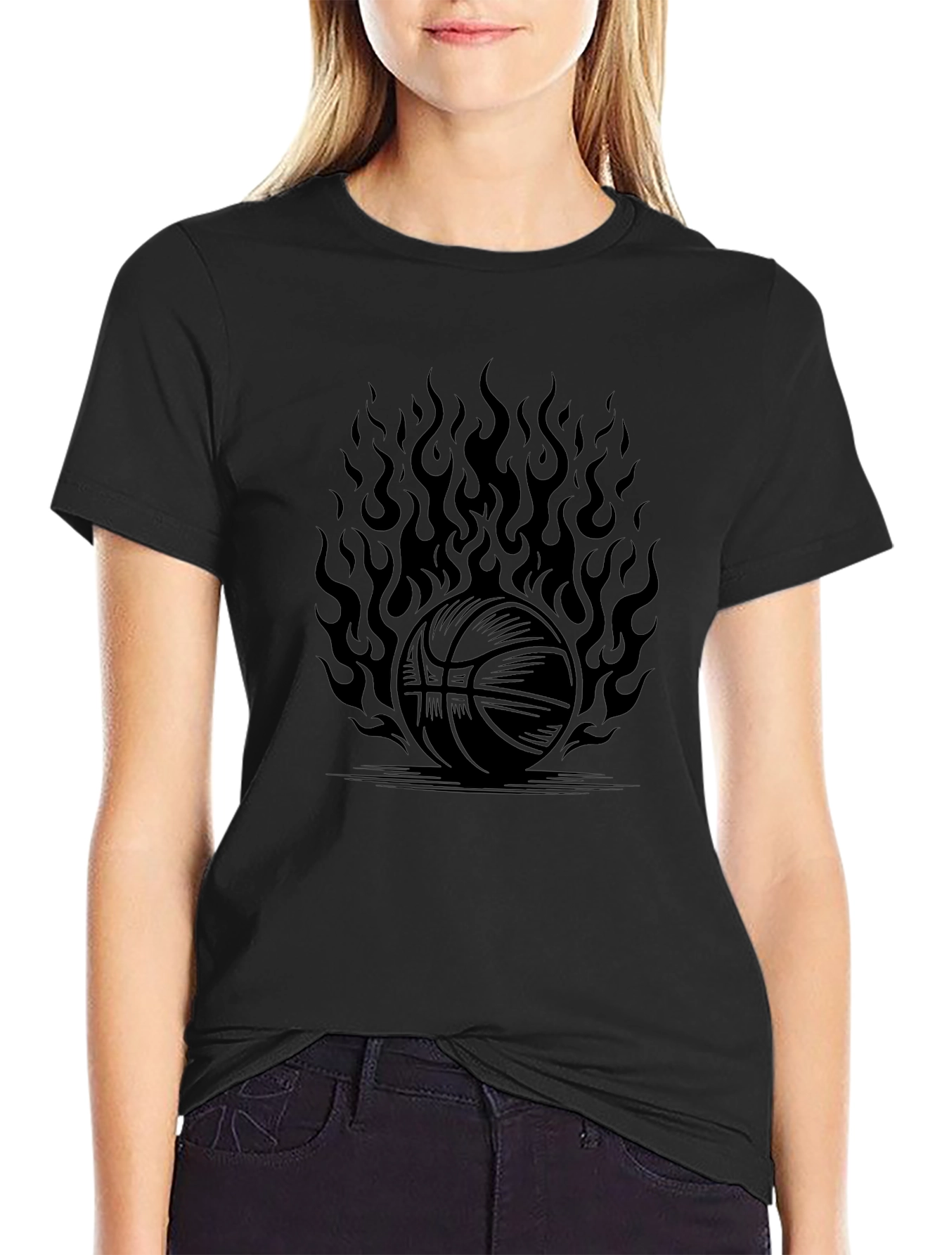Flaming Basketball Graphic T-Shirt - Black