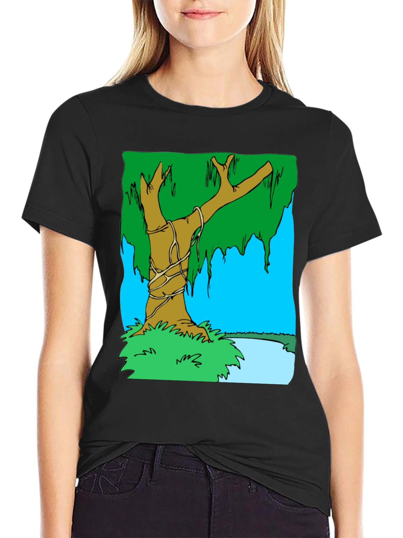 Cartoon Tree Graphic T-Shirt - Black