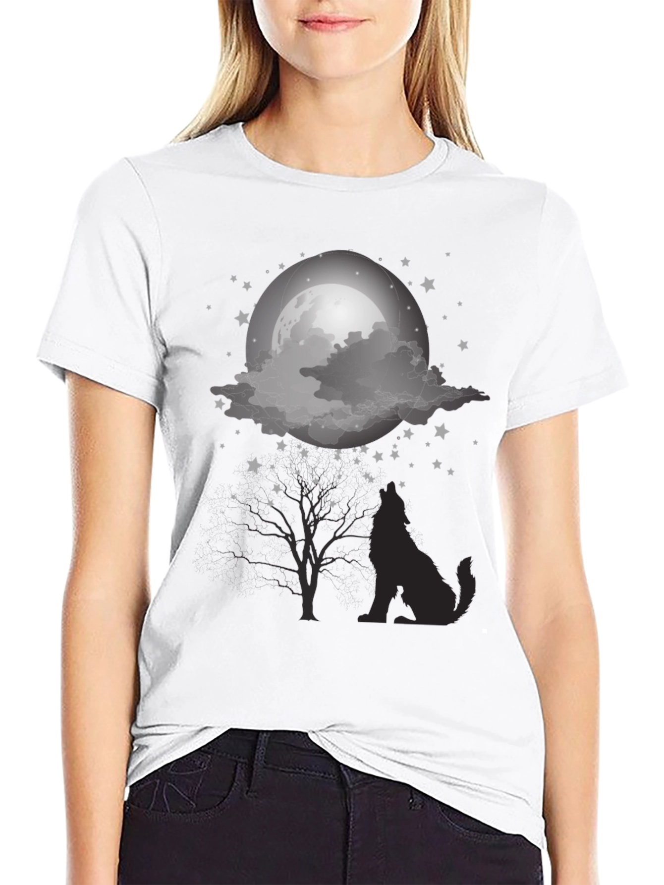 Wolf Moon Graphic Tee - Night Sky Silhouette Design
