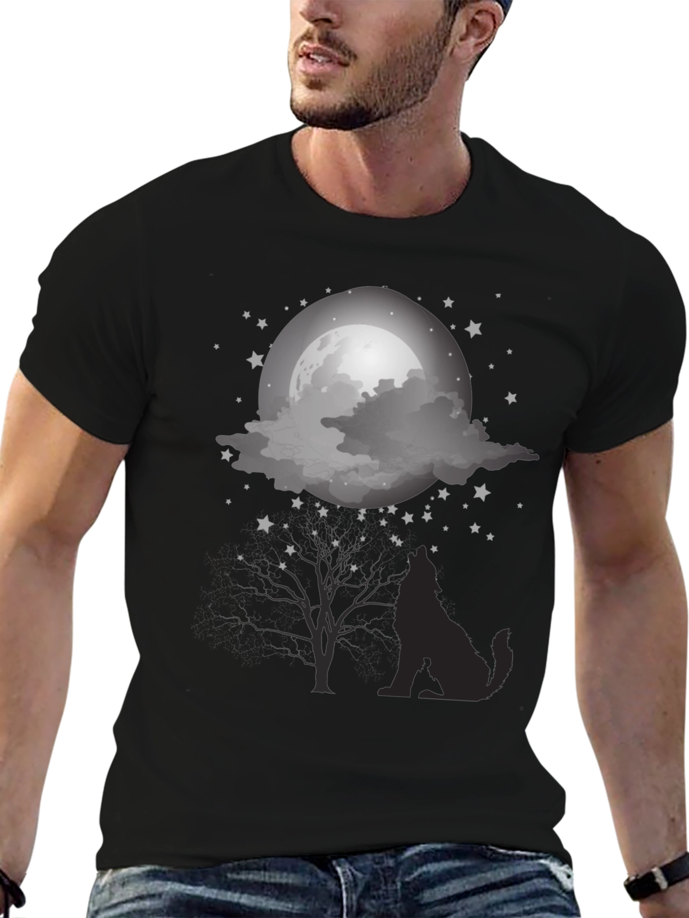 Wolf Moon Graphic Tee - Night Sky Silhouette Design
