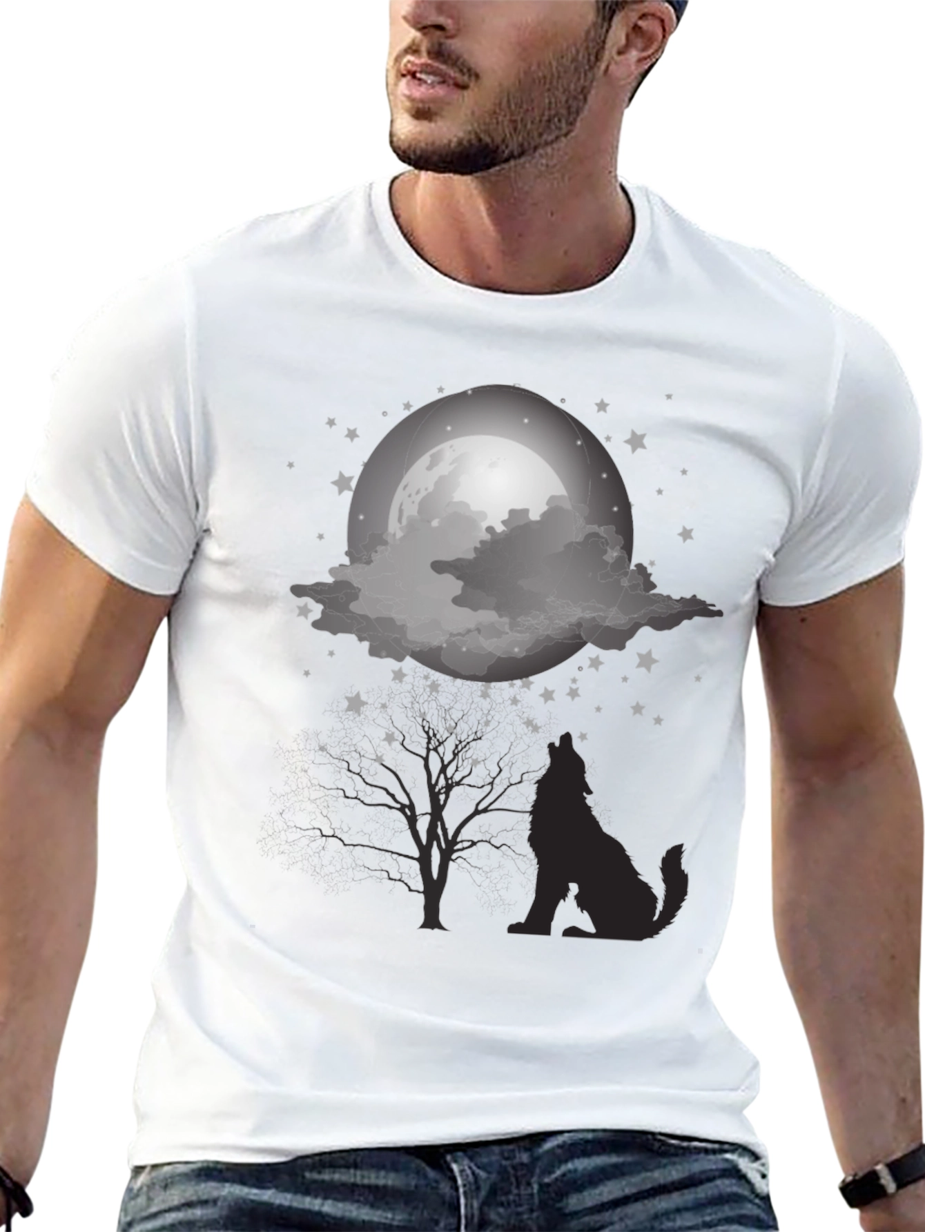 Wolf Moon Graphic Tee - Night Sky Silhouette Design
