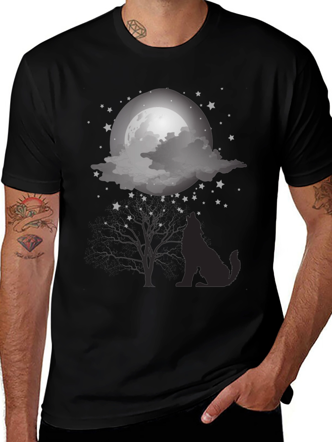 Wolf Moon Graphic Tee - Night Sky Silhouette Design
