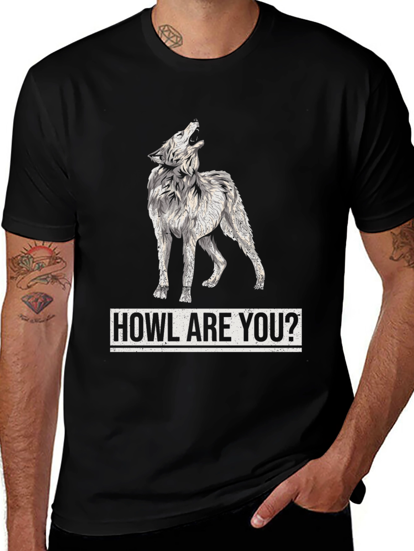 Howl Are You? Wolf Graphic Print Mens Black T-Shirt