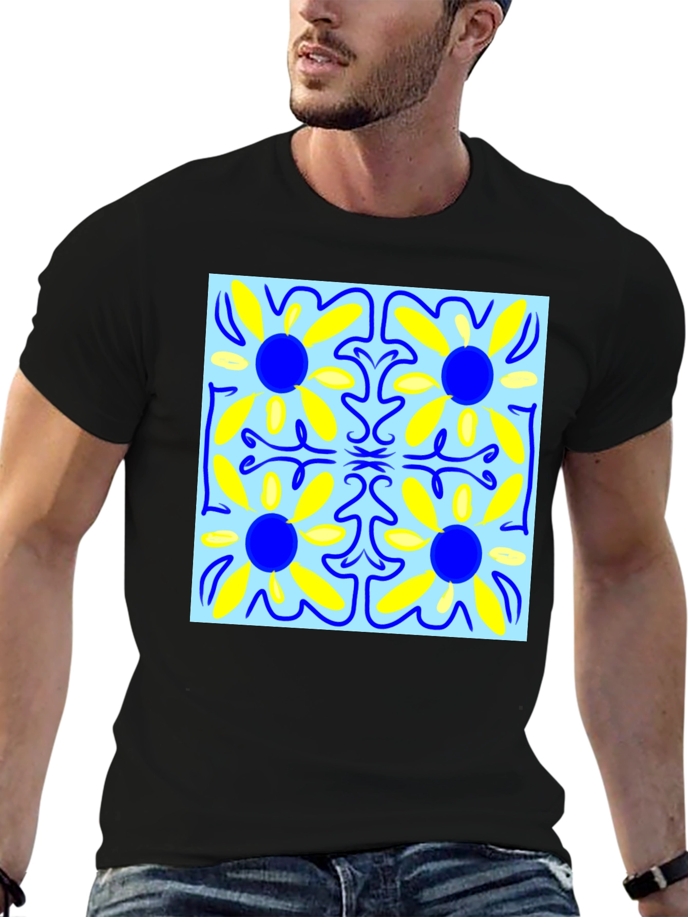 Floral Pattern Mens Black T-Shirt