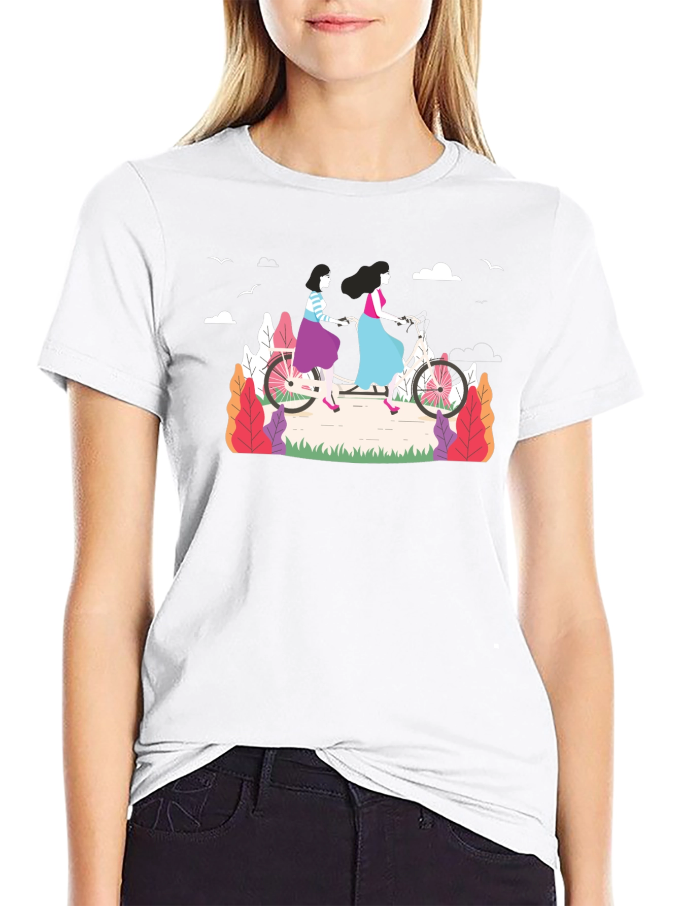 Stylish Womens Tandem Bike Graphic Tee - Black